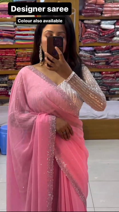 Aashna : Siroski Diamond Work Saree with Sequence Lining Blouse