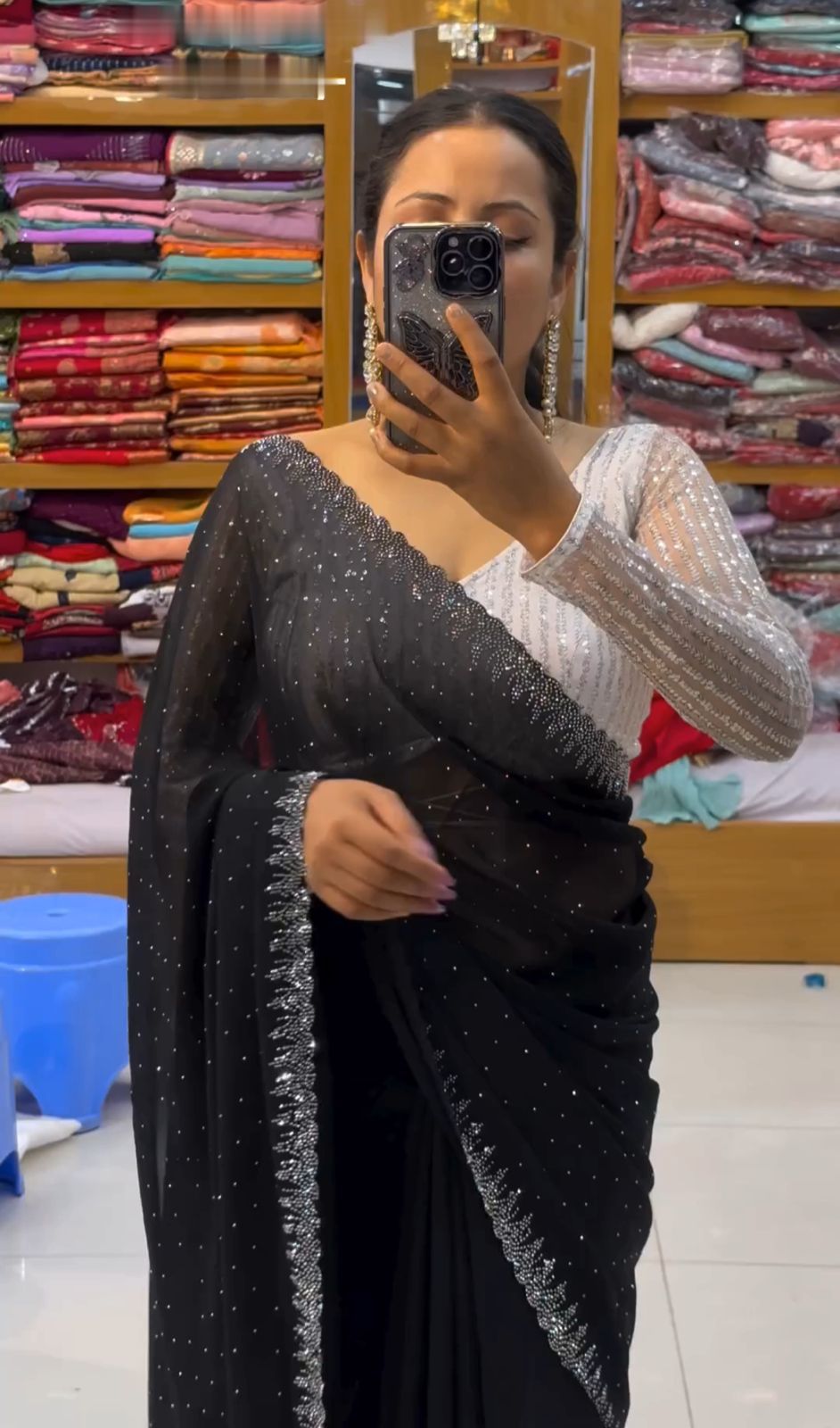 Aashna : Siroski Diamond Work Saree with Sequence Lining Blouse