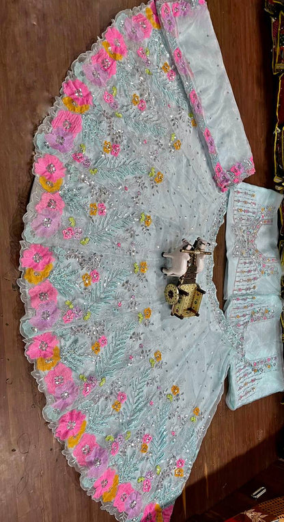 Sky Color Floral Work Organza Silk Lehenga Choli