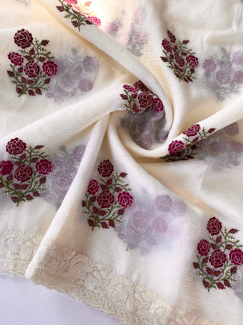 Soft Crushed Chiffon Georgette Saree with Multi-Thread Embroidery and Designer Blouse