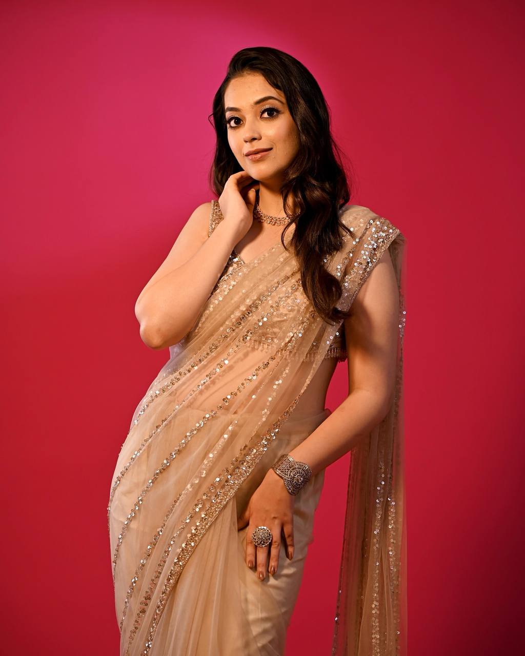 Golden Glow Net Saree with Sequins Work and Designer Blouse