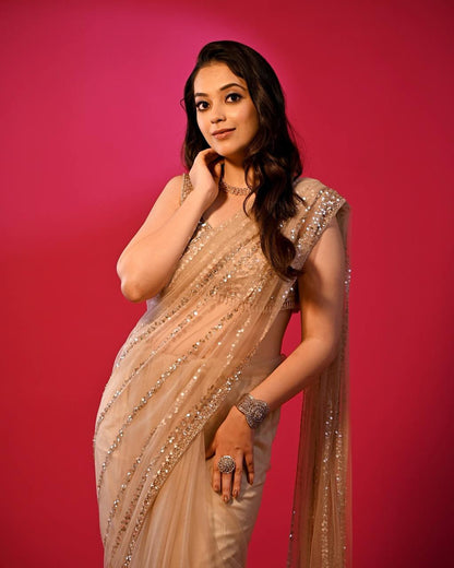Golden Glow Net Saree with Sequins Work and Designer Blouse