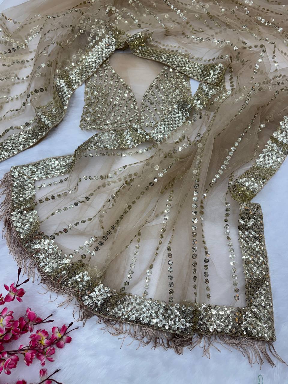 Golden Glow Net Saree with Sequins Work and Designer Blouse