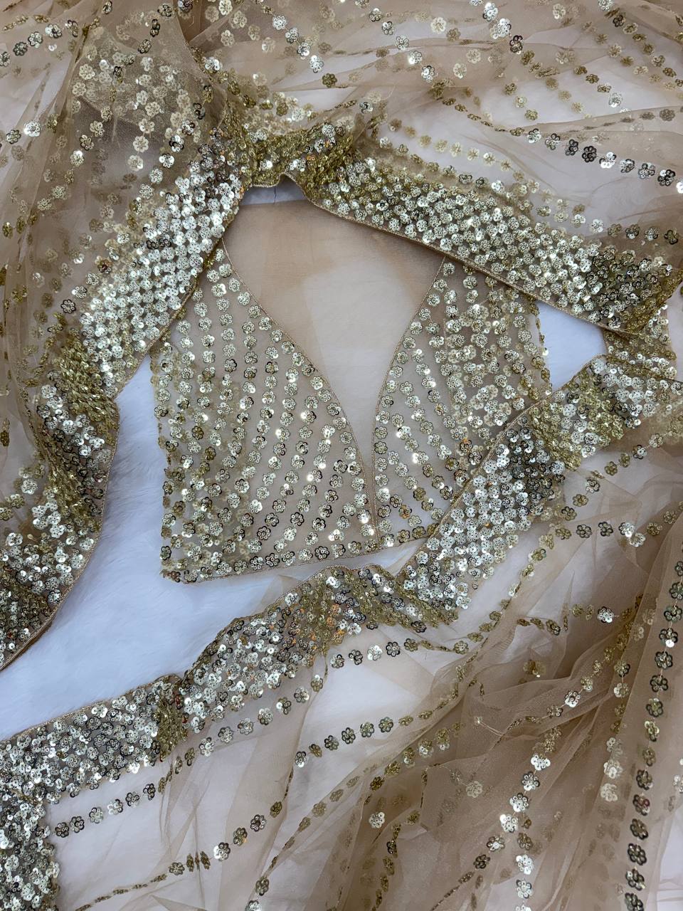 Golden Glow Net Saree with Sequins Work and Designer Blouse