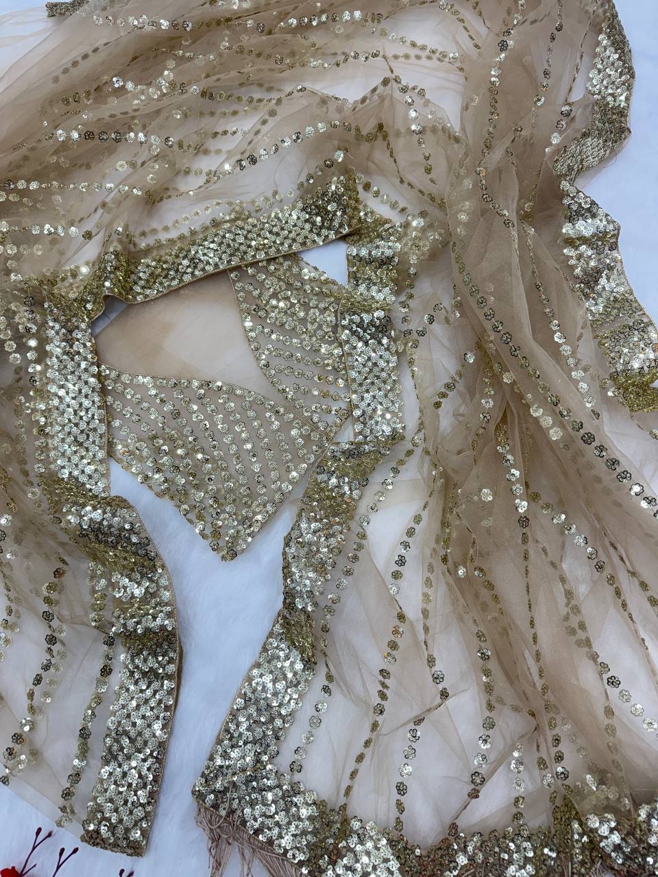 Golden Glow Net Saree with Sequins Work and Designer Blouse