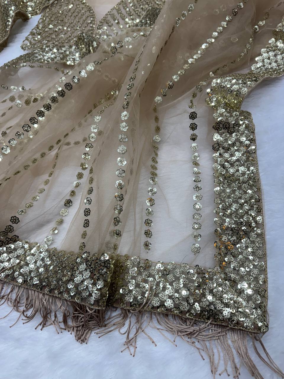 Golden Glow Net Saree with Sequins Work and Designer Blouse