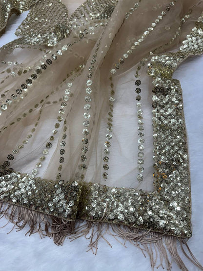 Golden Glow Net Saree with Sequins Work and Designer Blouse