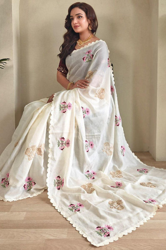 Soft Khadi Kota Chex Multi Coloured Embroidered Saree with Designer Cut Work