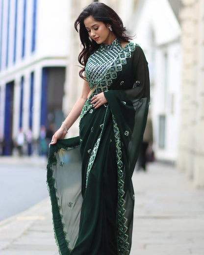 Elegant Bottle Green Rangoli Silk Saree with Designer Embroidery Work