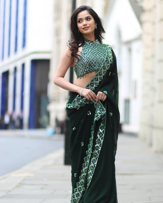 Elegant Bottle Green Rangoli Silk Saree with Designer Embroidery Work
