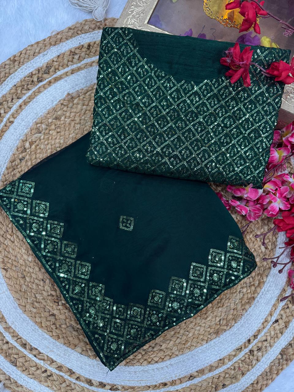 Elegant Bottle Green Rangoli Silk Saree with Designer Embroidery Work