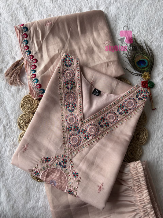 Peach Roman Silk Full Stitched Embrodered Salwar Suit Set