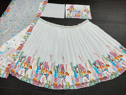 White Multi Color Thread Embroidered Lehenga Choli