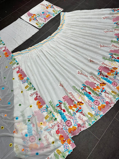 White Multi Color Thread Embroidered Lehenga Choli