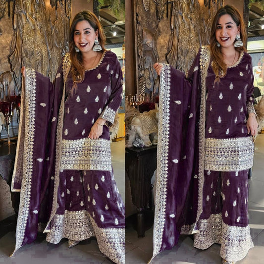 Attractive Heavy Georgette Fabric Embroidery Work Sharara Suit With Dupatta