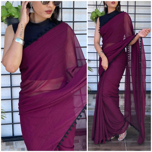 Wine Color Fancy Georgette Plain Saree with Lace Border