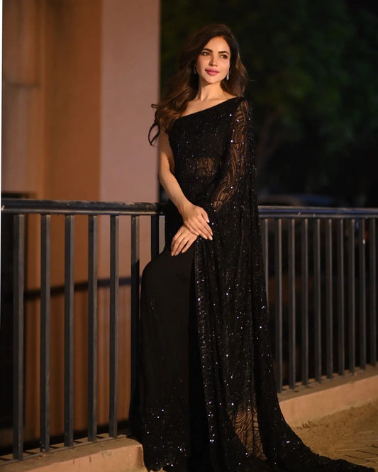 Black Color Georgette Seqeuence Work Saree For Function Wear