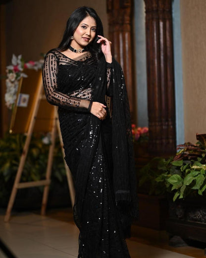Soft Net Full Black Sequence Work on Saree n Blouse