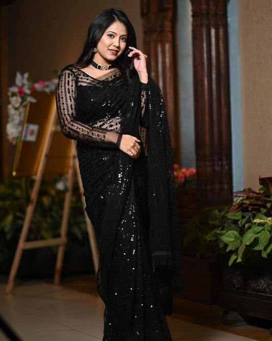 Soft Net Full Black Sequence Work on Saree n Blouse