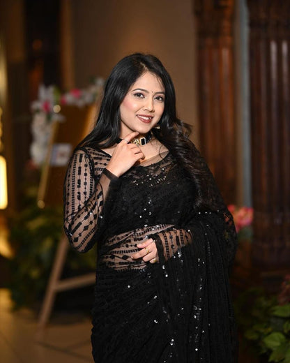 Soft Net Full Black Sequence Work on Saree n Blouse