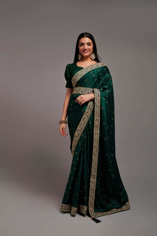 Wedding Wear Chinon Silk Embroidered Border Work Saree