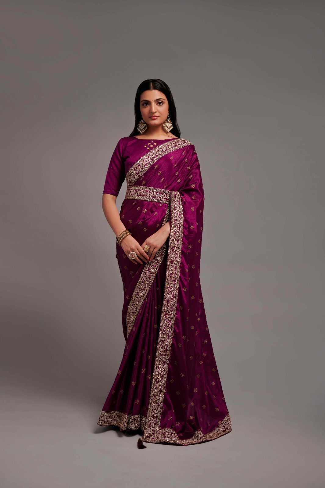 Wedding Wear Chinon Silk Embroidered Border Work Saree