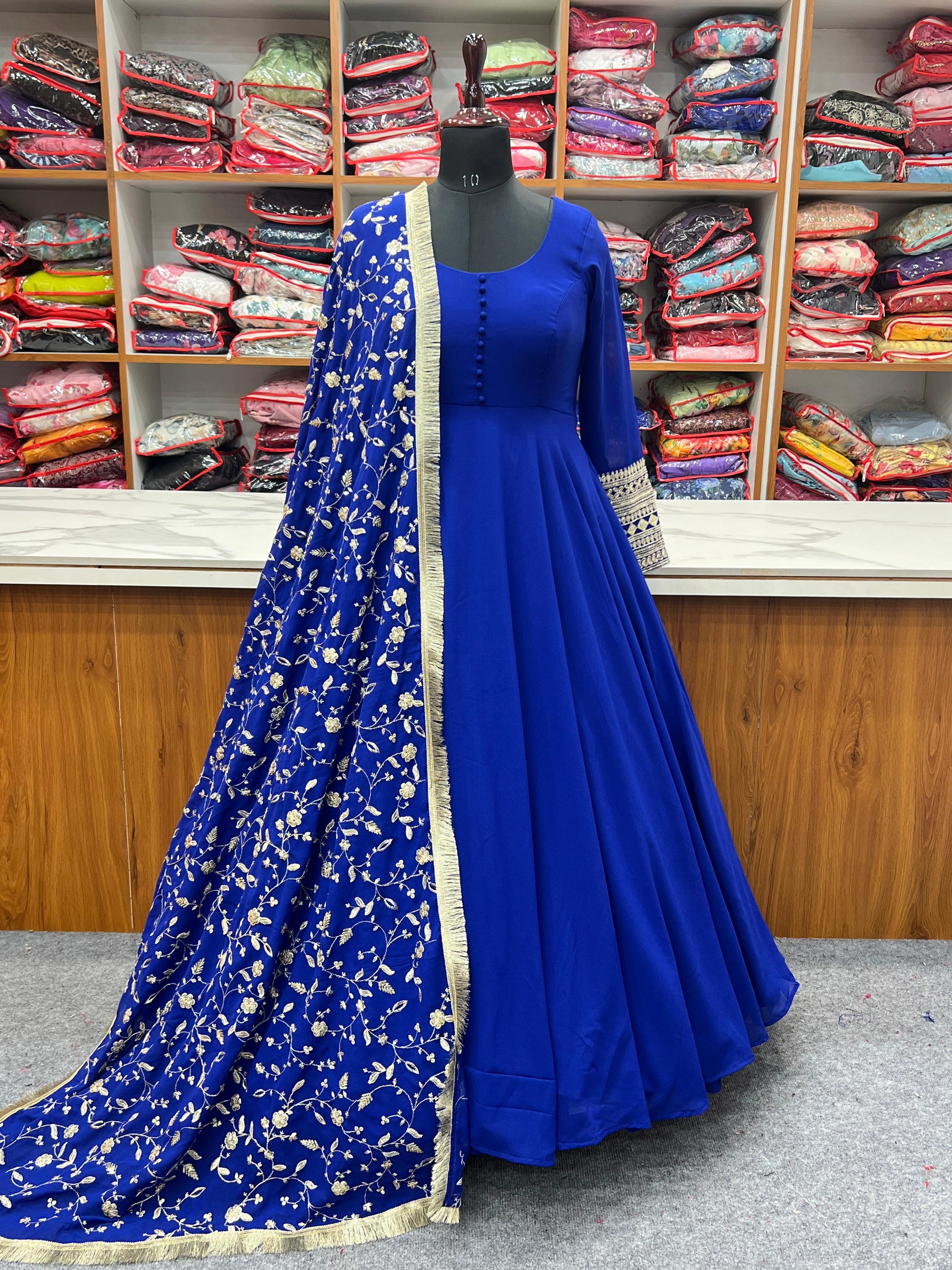 Royal Blue Color Faux Georgette Full Stitched Gown with Full Work