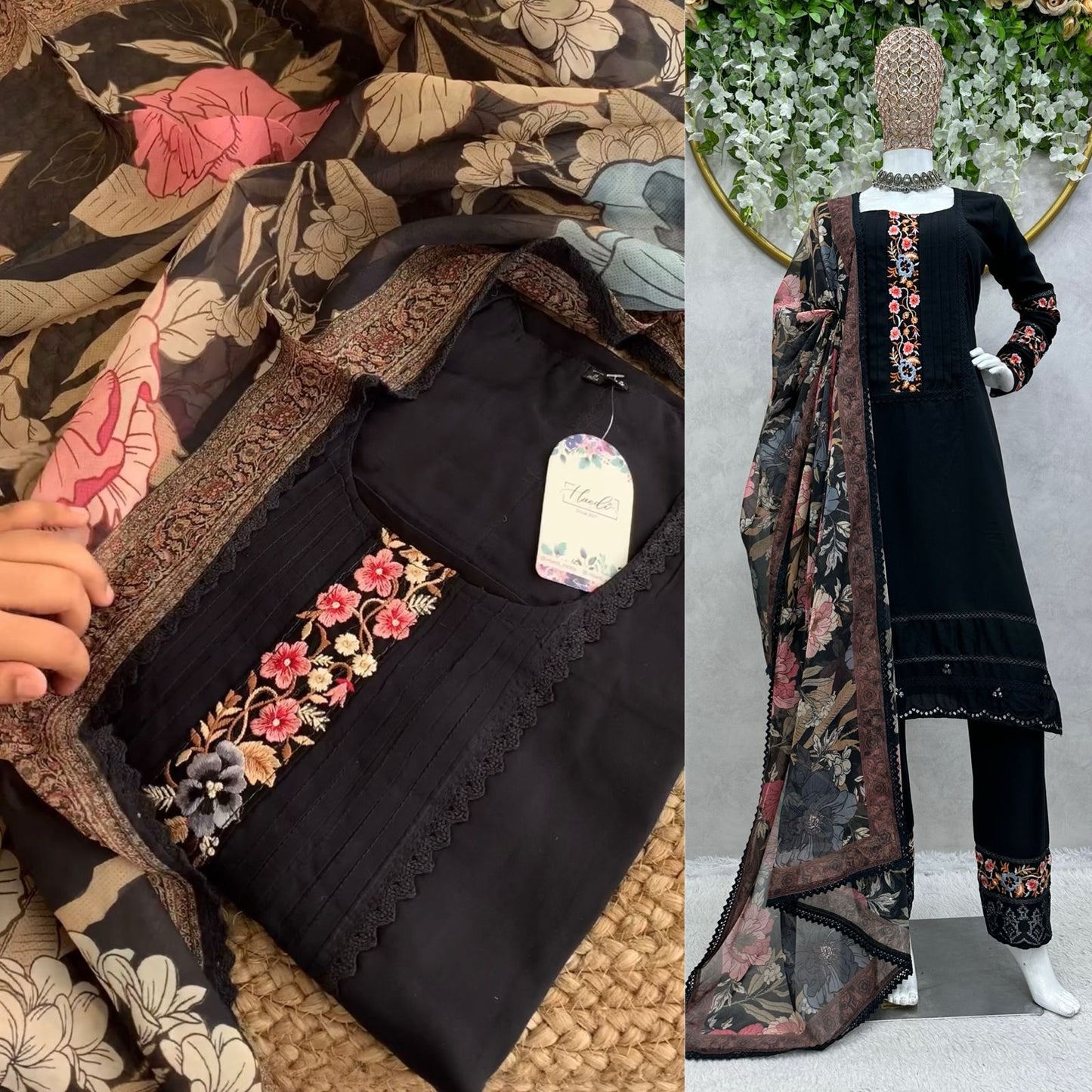 Maslin Fabric Thread And Sequence Worked With GPO Lace Border Stiched Salwar Suit