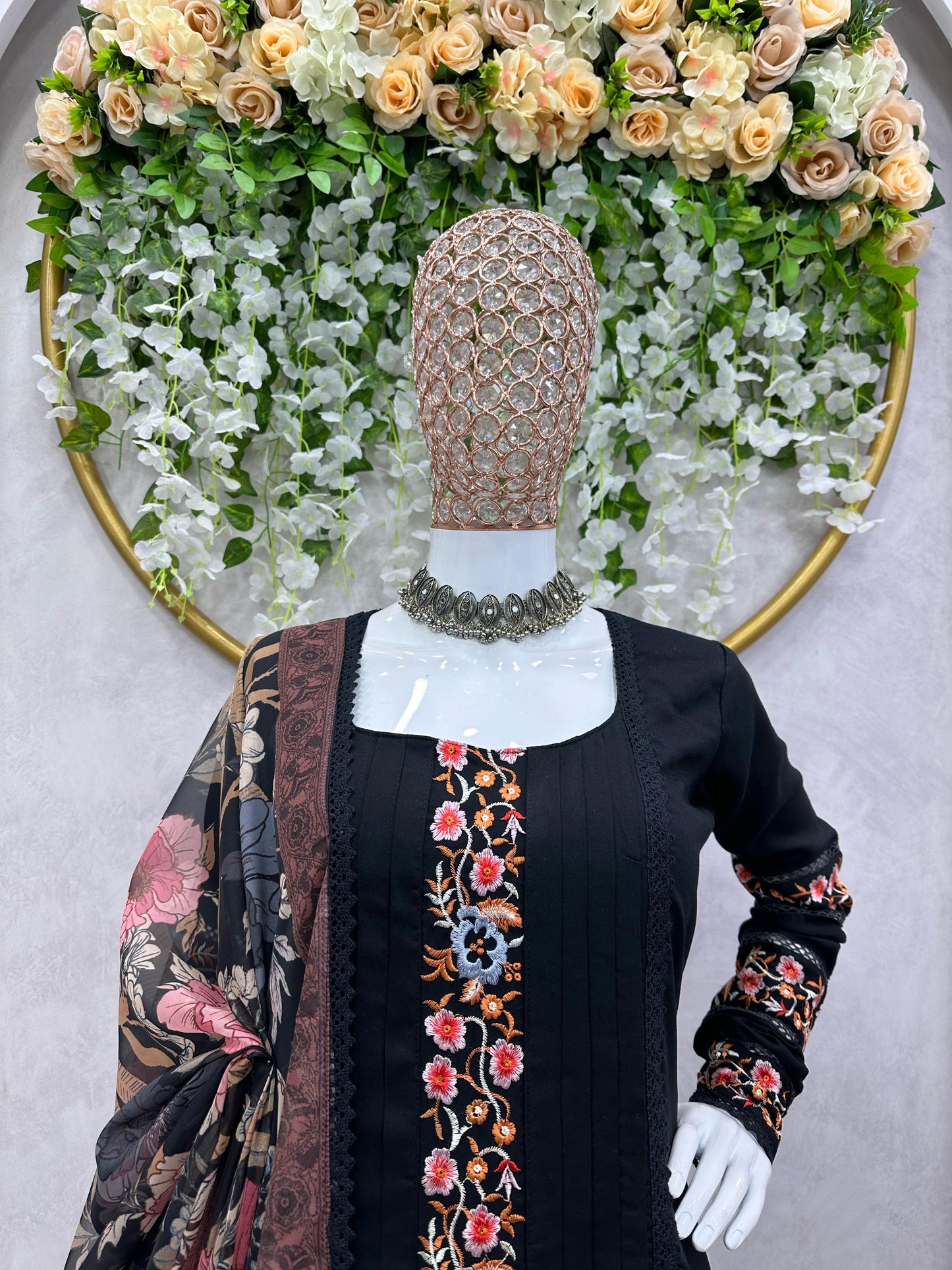 Maslin Fabric Thread And Sequence Worked With GPO Lace Border Stiched Salwar Suit