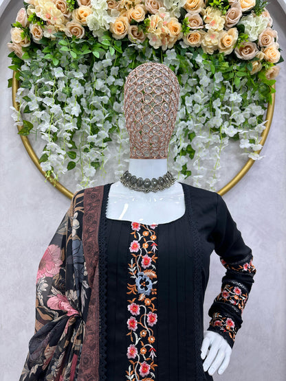 Maslin Fabric Thread And Sequence Worked With GPO Lace Border Stiched Salwar Suit