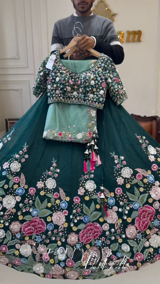 Green Color Floral Work Silk Semi Stitched Lehenga Choli