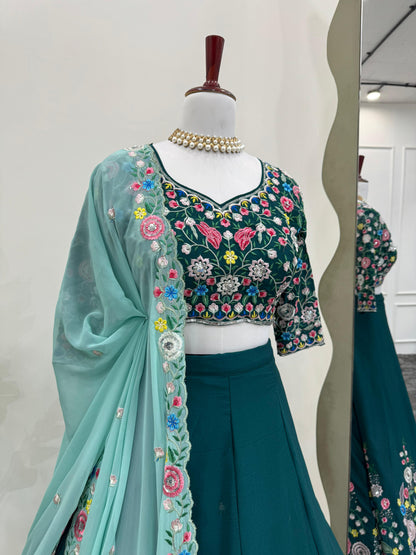 Green Color Floral Work Silk Semi Stitched Lehenga Choli
