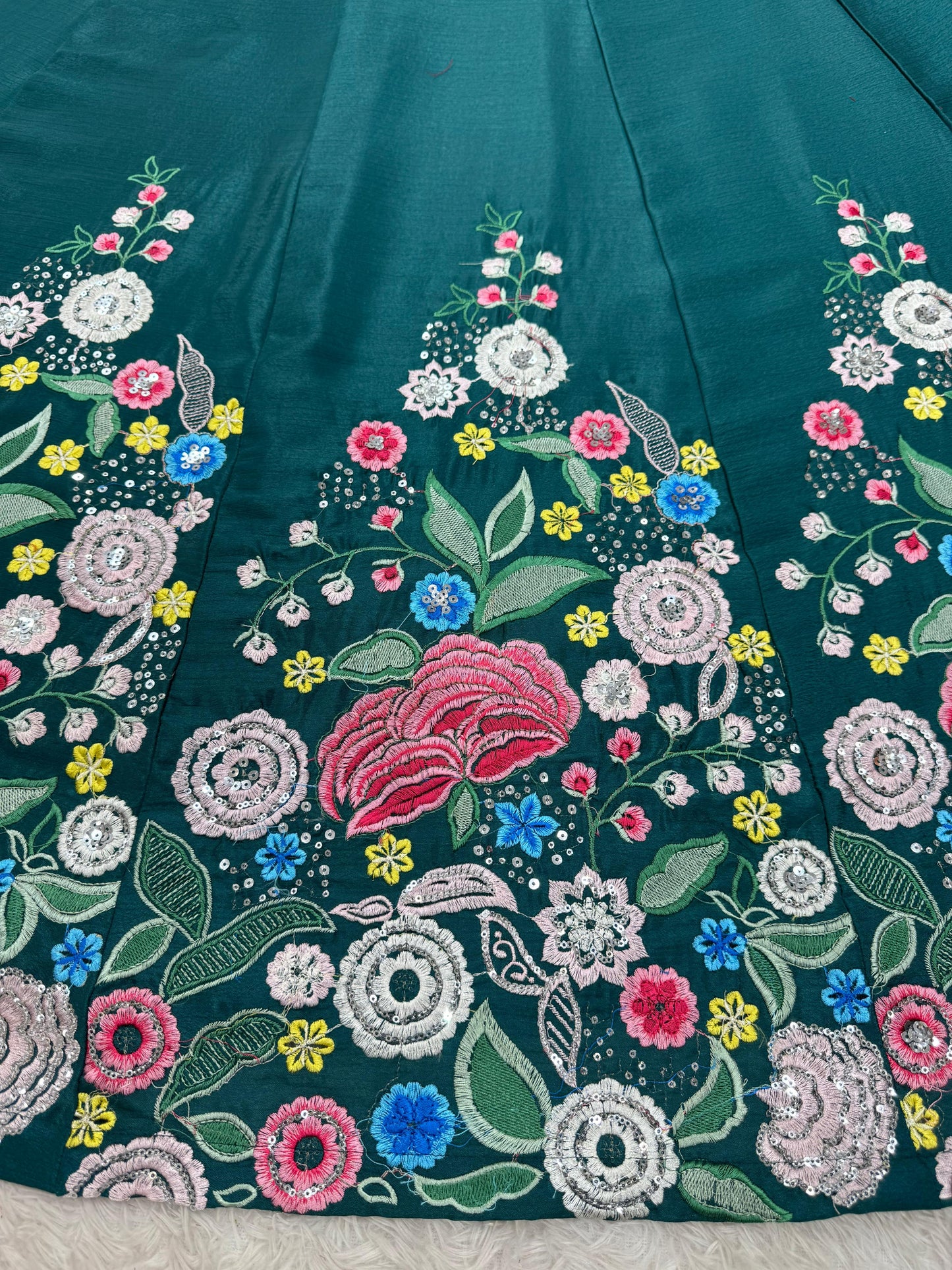 Green Color Floral Work Silk Semi Stitched Lehenga Choli