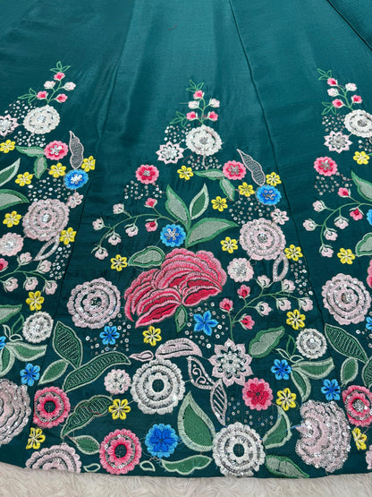 Green Color Floral Work Silk Semi Stitched Lehenga Choli