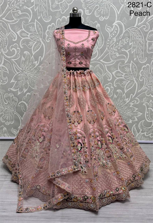 Peach Soft Net Weddding Wear Lehenga Choli