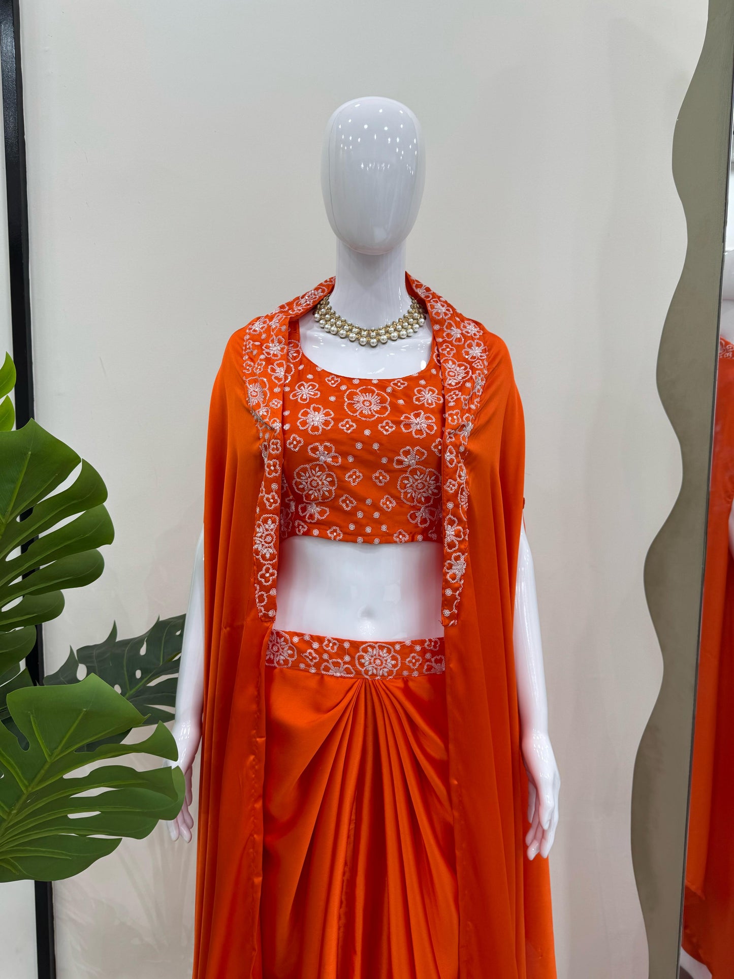 Orange Color Satin Silk Dhoti Style Ready to Wear Suit With Shrug