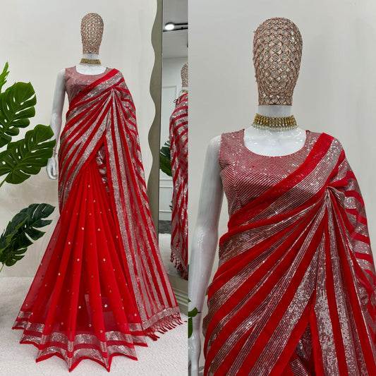 Party wear georgette Red color Sequence Work Saree