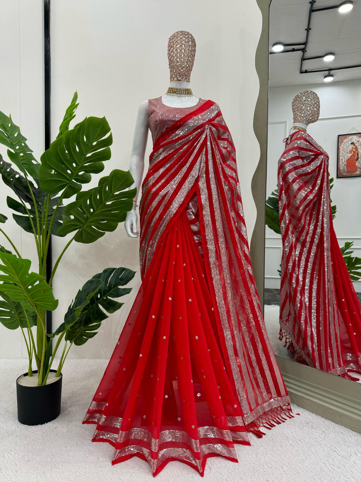 Party wear georgette Red color Sequence Work Saree