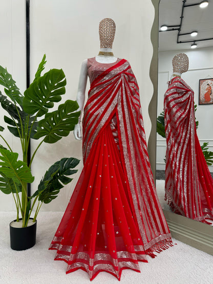 Party wear georgette Red color Sequence Work Saree