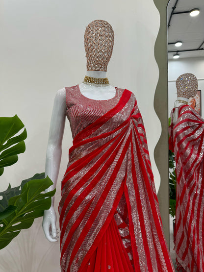 Party wear georgette Red color Sequence Work Saree