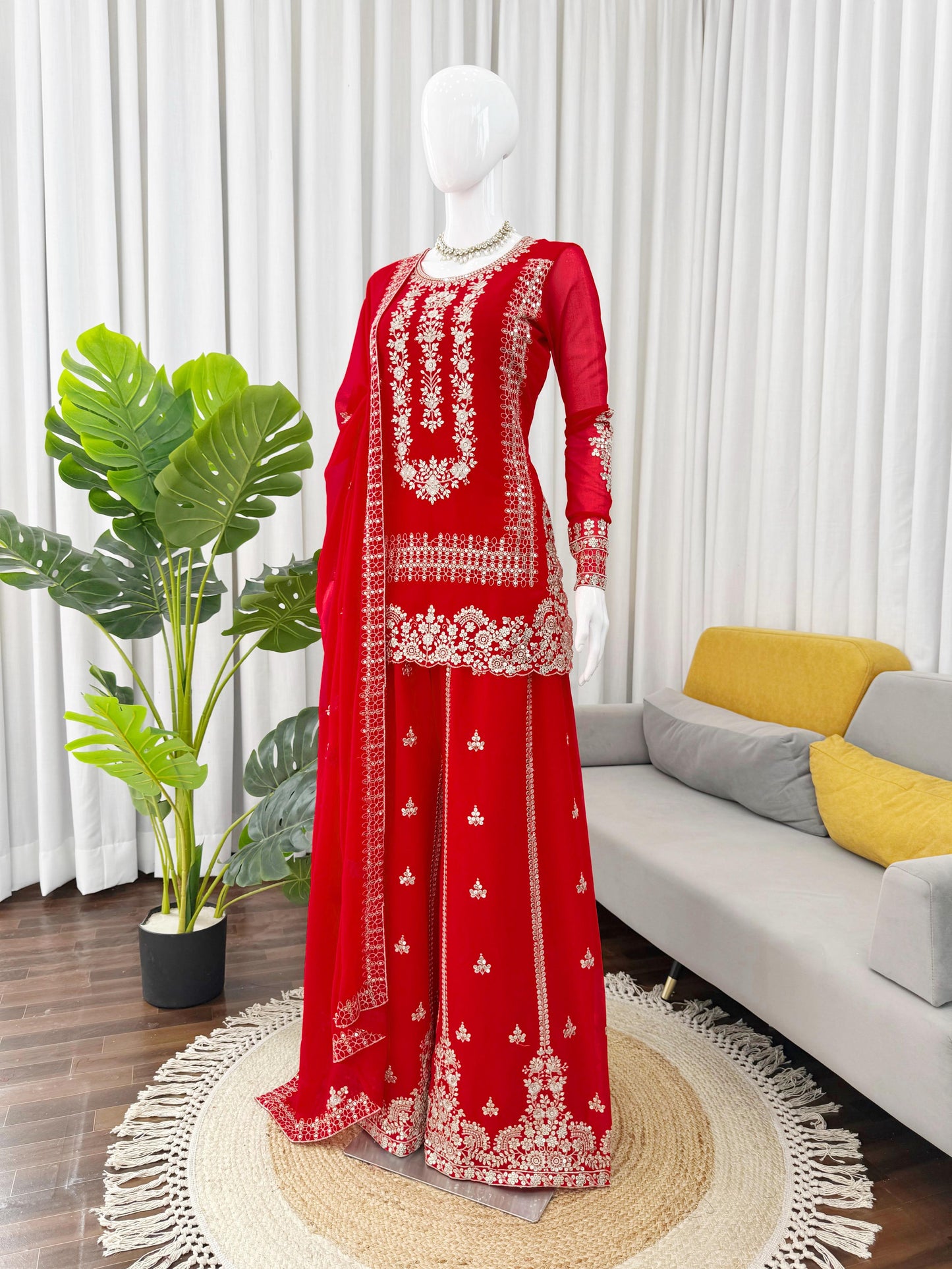 Red Georgette Fully Stitched Plazo Suit Set