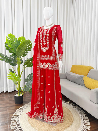 Red Georgette Fully Stitched Plazo Suit Set