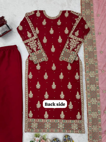 Red Color Georgette Heavy Work Stitched Sharara Suit