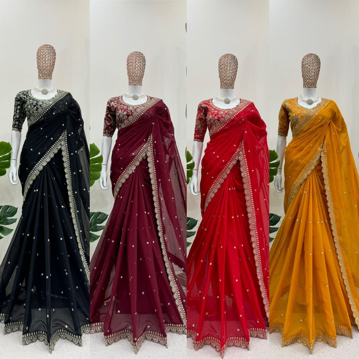 Designer Gajari Colour Tabby Silk Fabric Thread Work Saree