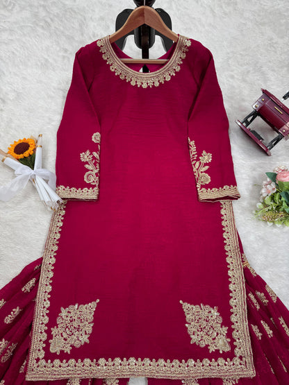 Rani Pink Silk Coding & Sequence Work Sharara Suit
