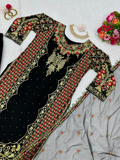 Black Georgette Jari Embroidered Stitched Salwar suit