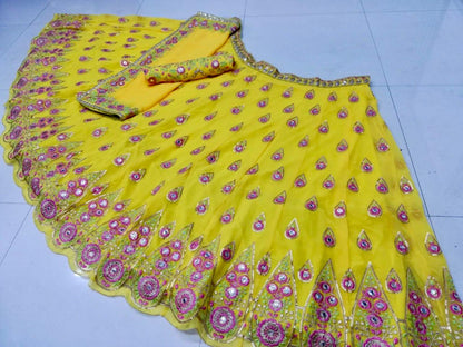 Wedding Wear Georgette Yellow Embroidered Lehenga Choli