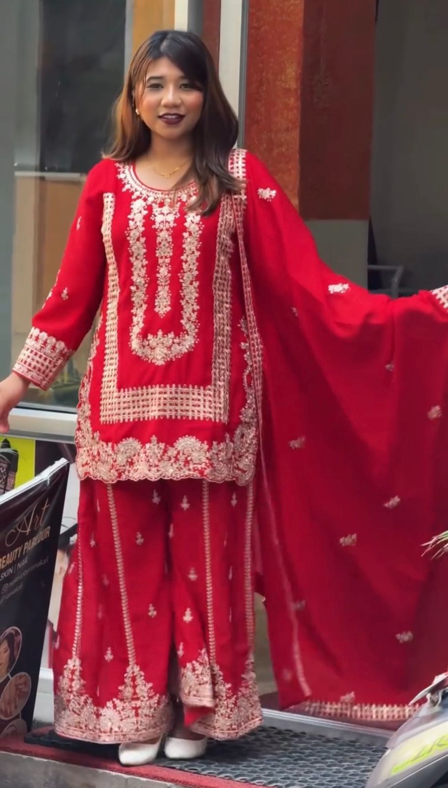 Red Georgette Fully Stitched Plazo Suit Set