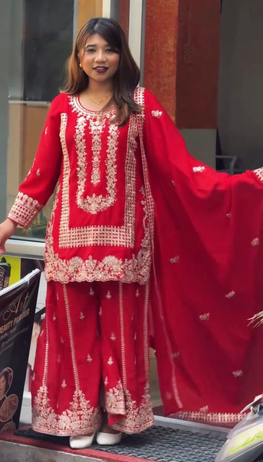Red Georgette Fully Stitched Plazo Suit Set