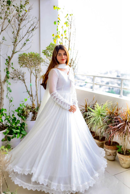 White Color Soft Georgette Full Stitched Gown with Dupatta For Girls